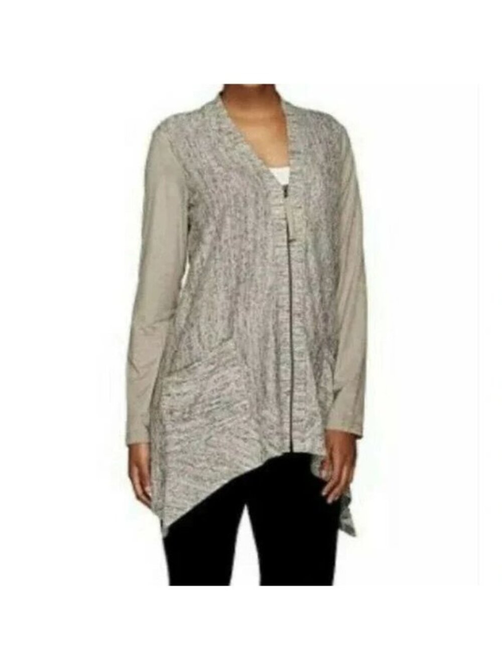 Logo Lori Goldstein Size XS Grey Marled Zip Up Knit Cardigan Sweater Pockets